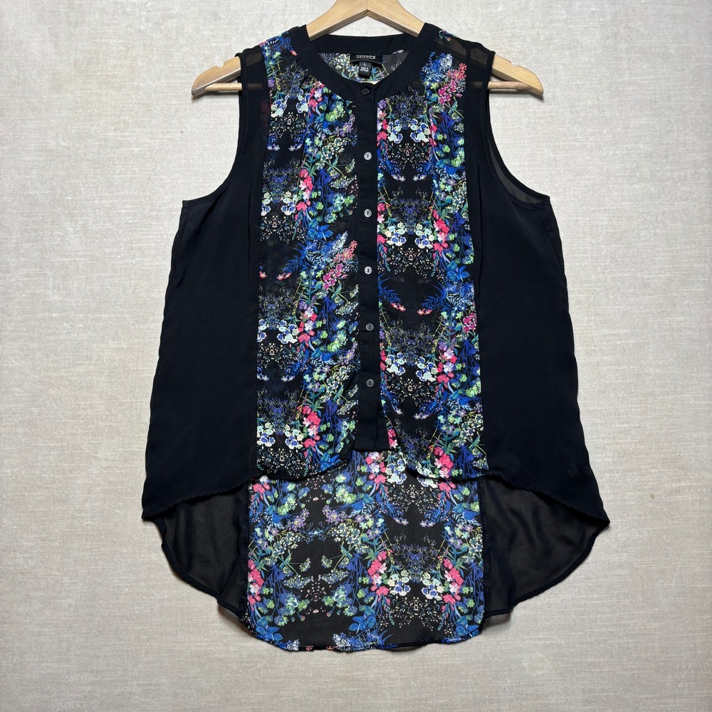 Nicole by Nicole Miller Black Floral Sheer Overlay Sleeveless‎ Top Size L